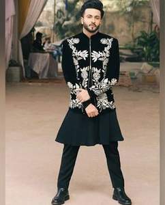 Men's Heavy Zari Embroidery <b>Velvet</b> & Silk <b>Coat</b> Kurta Pant Suit Matching Shoes-Wedding/Party Wear Anti-Shrink Windproof Plus Size - Product Image 2