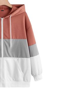 Brown <b>Grey</b> White Colorblock Zip Up <b>Hoodie</b> With Front Pockets Casual Unisex Soft Warm Fleece Streetwear Fashion Jacket - Product Image 3