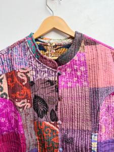 เสื้อโค้ทผ้าไหมซารีวินเทจทำมือ ผ้าฝ้ายระบายอากาศ บุใยฝ้าย ตัดต่อผ้าปะติดปะต่อ ปักลาย กระดุมสองแถว ลายสก็อต สำหรับผู้หญิง - Product Image 2