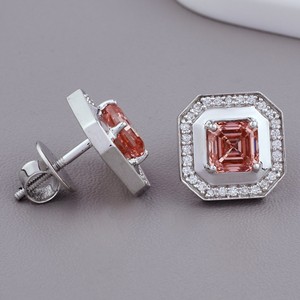 Boucles d'oreilles halo en or 9 carats avec diamant rose de laboratoire taille Asscher certifié IGI, boucles d'oreilles halo octogonales en diamant - Product Image 2