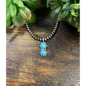 Pendentif Fleur en Turquoise et Argent Sterling Fait Main Zuni pour Cadeau - Product Image 1