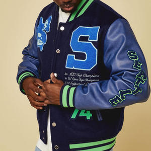 Veste universitaire brodée usée pour hommes, blanche et bleue, veste en cuir d'hiver de basket-ball universitaire avec motif de lettres - Product Image 2