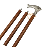 Bâton de marche à 3 sections de style vintage, léger et moderne, en laiton et bois, avec poignée en forme de tête de poisson argenté, pointe en fer pour la randonnée