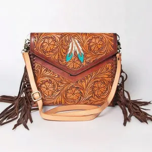 पश्चिमी असली लेदर जिप्सी महिलाओं के लक्जरी गोफन बैग के साथ हाथ Tooled पुष्प और काठी आकार डिजाइन तैयार शेयर करने के लिए बैग