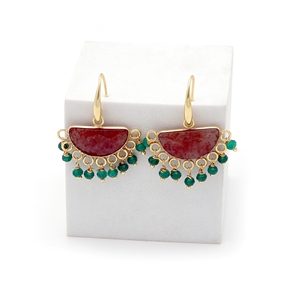 Boucles d'oreilles pendantes tendance en gros avec pierres précieuses : Quartz Fraise et Jade Vert |   Bijoux pour femmes en laiton plaqué or 18 carats faits à la main - Product Image 2