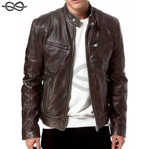 Veste de motard classique et élégante pour homme en cuir d'agneau véritable avec col montant, style vintage, en noir - Product Image 3