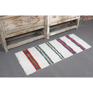 Petit tapis vintage 1,6 x 4 pieds, tapis turc, tapis marocain en laine blanc et rouge - Product Image 1