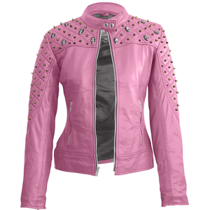 Femme Cuir Style Rockstar Couleur Rose Veste en cuir de qualité supérieure 100% Cuir de vache véritable - Product Image 5