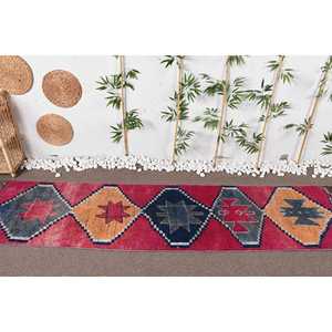 Turkish Rug, <b>Runner</b> 2.6x11.1 ft Vintage Rug, <b>Red</b> Floral Wool Rug - Product Image 3