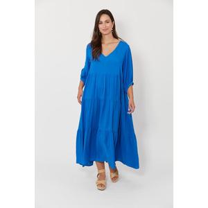 Robe longue bleue bohème avec col en V et manches longues 100% rayonne nouveau style décontracté pour les femmes vacances et usage quotidien - Product Image 1
