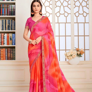 Saree en soie pure mousseline de soie de créateur de style Bollywood de belle couleur avec bordure en dentelle fantaisie et chemisier pour la fête - Product Image 1