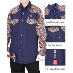 Chemises FR pour hommes, chemise de travail FR, vêtements de travail ignifuges, vêtements de sécurité pour hommes, chemise en coton ignifuge à manches longues, uniforme FR bleu - Product Image 4