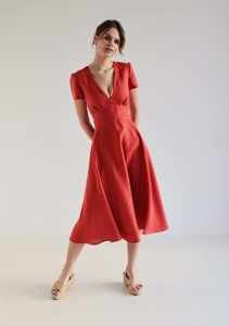 Robe magnifique, mode estivale, col en V, couleur rouge, fermeture éclair au dos, manches courtes, couleur unie, robe longue midi élégante, OEM ODM - Product Image 4