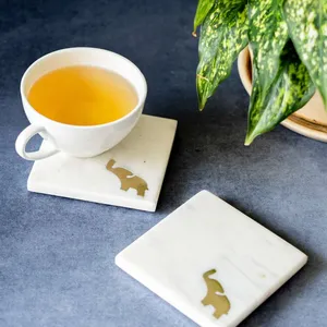 Elephant Design White Marble Tea Coasters for Home, Office, Cafe | OEM Bulk Wholesale Durable Heat-Resistant Table Protector - Product Image 1