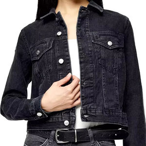 Chaqueta vaquera recortada a la moda para mujer, chaqueta vaquera de algodón negro lavado Vintage, cierre de botón, chaqueta vaquera personalizada para mujer - Product Image 2