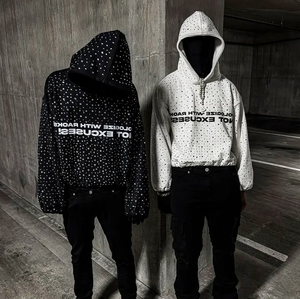 Sweat à capuche OEM personnalisé pour homme, coupe ample, avec grands strass brillants, impression sérigraphique, en coton peigné épais - Product Image 5