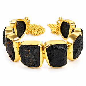 Natural Raw Crystal Stone Adjustable <b>Bracelet</b> for <b>Girls</b> & Women Gold Tone Amethyst & Black Tourmaline Designer Jewelry - Product Image 3