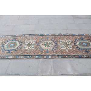 พรมตุรกีโบราณ ขนาด 2.5x10.9 ฟุต พรมสีน้ำเงินน้ำตาลสไตล์โมร็อกโก - Product Image 4