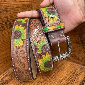 New Arrival Genuine <b>Leather</b> Western Hand <b>Tooled</b> and Hand Painted Sunflower <b>Belts</b> Real Handmade <b>Tooled</b> <b>Leather</b> Unisex Waist <b>Belts</b> - Product Image 1