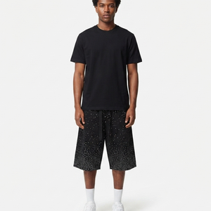 Ensemble T-shirt et Short d'Été pour Homme de Haute Qualité OEM Streetwear, Personnalisé, 100% Coton, Broderie et Sérigraphie, Survêtements Noirs - Product Image 1