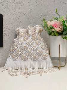 Bolso único blanco hecho a mano para mujer de último diseñador con bolso Potli con borla de perlas para bolsos de novia para mujer - Product Image 4
