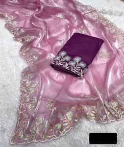 Saree de travail Butta avec chemisier, fil fantaisie, broderie, bordure à coupe d'arc pour vêtements pour femmes indiennes et pakistanaises. - Product Image 2