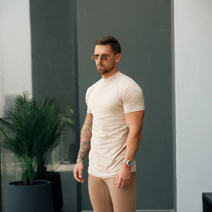 Nouveau à la mode côtelé col haut équipage à manches courtes Beige hommes T-Shirts respirant personnalisé coton Gym Active Fitness T-Shirt pour hommes - Product Image 5
