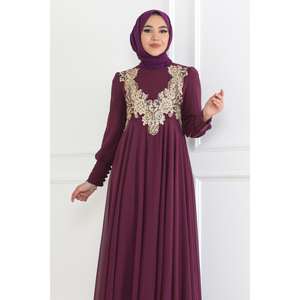 Vestido de Noche Morado 6113 de Gasa con Detalles de Encaje, Patrón de Crochet, Decoración de Lentejuelas, Talla XL, Vestido de Gala Largo hasta el Suelo - Product Image 2