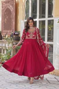 Bridal <b>Red</b> Anarkali Gown for Special Celebrations - Crafted with Opulent <b>Fabric</b> and Fine Detailing for Export Selling - Product Image 6