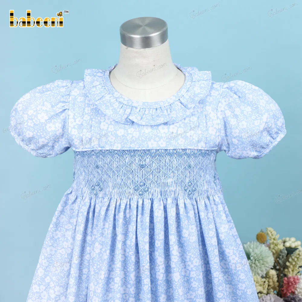 גיאומטרי קפלים חגור שמלת לילדה OEM ODM מותאם אישית רקמת ב כחול מלא 3D ילדי קיץ קצר שרוול דפוס סט