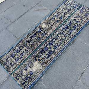 Alfombra Turca Vintage de 1.7x5 pies (53x151 cm), Alfombra Azul Sólida - Product Image 2