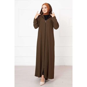 Abaya modeste à capuche et fermeture éclair marron - Product Image 1