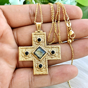 Boho style gemstone necklace cabochon labradorite with black cz charms pendant 18k gold plated handmade cross jewelry necklace - Product Image 1