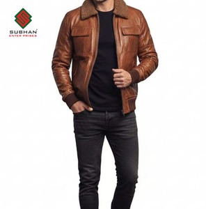 Blouson aviateur vintage en cuir synthétique marron, col mandarin, fermeture éclair décontractée d'hiver, service OEM - Product Image 4
