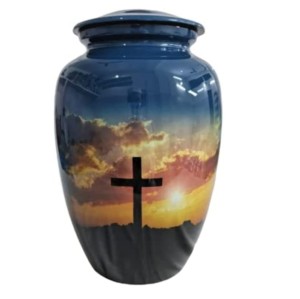 Urnes de crémation pour adultes en aluminium avec design croisé et bel autocollant urnes en métal de haute qualité fini gris vente en gros. - Product Image 2