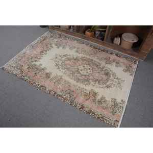 พรมตุรกีวินเทจ3.7 x 5.6ft เบจสีชมพูขนาดใหญ่งานเย็บปะติดปะต่อกันด้วยผ้าขนสัตว์สี่เหลี่ยมผืนผ้าน้ำยางใหม่สำหรับตกแต่งห้องโถงห้อง - Product Image 3