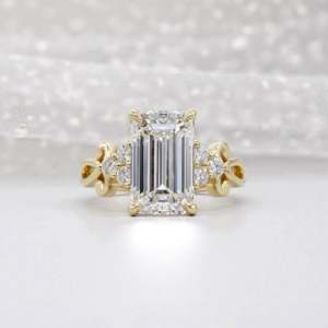 IGI Certified Yellow Gold <b>Ring</b> with Lab Grown Emerald Cut <b>Diamond</b> and Side Stone <b>Diamond</b> <b>Rings</b> Collection - Product Image 1