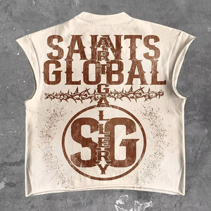 Camiseta de verano de dos piezas de punto transpirable con estampado DTG con logotipo personalizado, conjunto de chaleco informal de talla grande con tejido de rizo estilo Hip Hop - Product Image 3