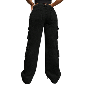 Pantalones Cargo de Mezclilla Negros de Pierna Ancha para Mujer, Cintura Alta, Ajuste Holgado, Estilo Casual, Utilitario, Moda Urbana, Uso Diario - Product Image 2