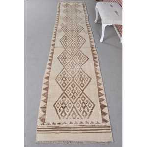 2.3x13.3 ft Rug, Vintage Herki Rug, Turkish <b>Brown</b> <b>Wool</b> Floral Rug - Product Image 1