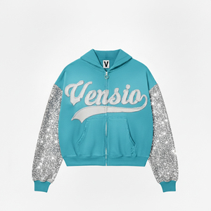 Vente chaude personnalisé français éponge épais coupe ample fermeture éclair à capuche brodé haute Streetwear manches strass 100% coton - Product Image 3