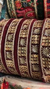 Custom Made Floral Design Machine Embroidered with Sequins Embroidery <b>Black</b> & Maroon Coloured <b>Ribbon</b> & Laces for Wedding Dresses - Product Image 5