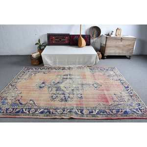 Alfombra turca vintage clásica beige azul 5,9x8,5 pies lana hecha a mano respaldo de látex diseño de retazos estilo Tabriz para adolescentes - Product Image 3