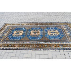 Tapis persan turc vintage bleu grand format 4,8x10,1 pieds, patchwork en laine, avec support en latex écologique - Product Image 2