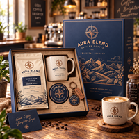 Coffret cadeau de café AT PACK avec emballage personnalisé, porte-clés, aimant de réfrigérateur, tasse et solutions de marquage haut de gamme
