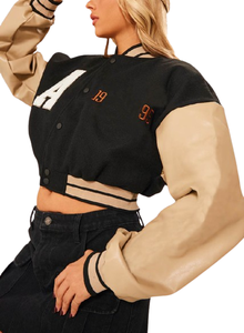 แจ็คเก็ตวาร์ซิตี้ขนสัตว์ผู้หญิงคุณภาพดีที่สุด ระบายอากาศได้ดี พร้อมแขนหนัง แจ็คเก็ตวาร์ซิตี้ขนสัตว์ผู้หญิงแบบสั้น - Product Image 5