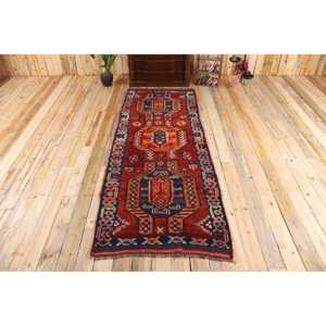 Turkish Vintage <b>Runner</b> Rug 3.6x10 ft, <b>Red</b> Blue Plants & trees Rug - Product Image 1