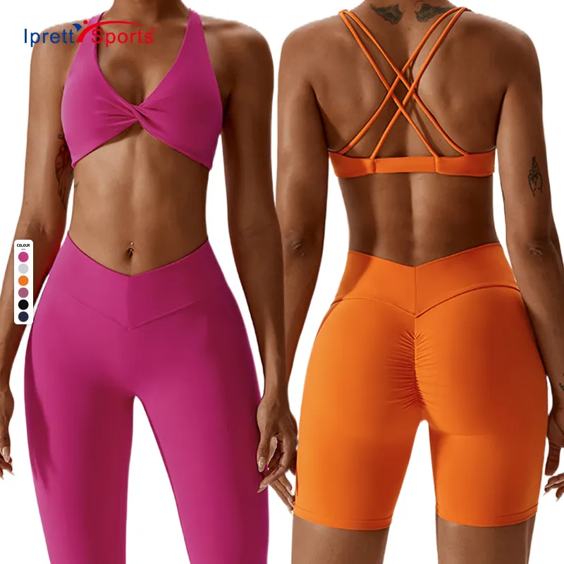 2023 New Trendy Hot V Cut Leggings Esportes Scrunch Butt Bike Shorts Cruz Voltar Yoga Bra Yoga Conjuntos para Mulheres Correndo Exercício