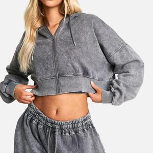 Conjunto Deportivo para Mujer con Lavado Ácido, Sudadera Corta y Pantalones Acampanados, Diseño de Logotipo Bordado en el Conjunto Deportivo, Servicio OEM, Diseño ODM, Último Diseño - Product Image 3