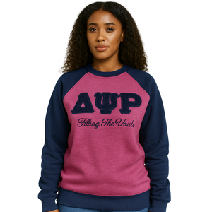 Delta Psi Rho Sorority Raglan Sleeve Crewneck Sweatshirt Pink Cotton Poly Filling the Voids <b>Jumper</b> Greek Life Casual Apparel - Product Image 1